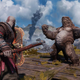 Kratos stands in front of a big monster with his large axe.